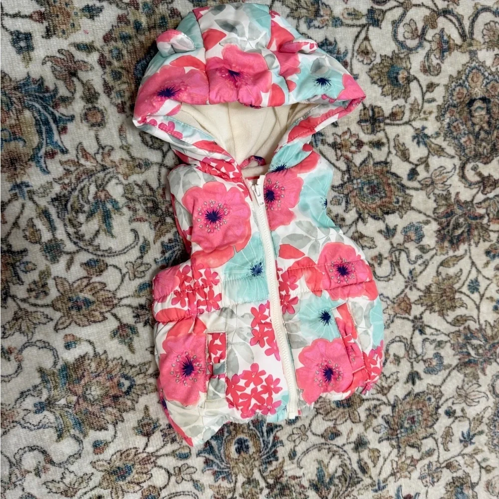 VTG Y2K Gymboree Floral Puffer Vest 6-12 Months Baby Girl Floral Hooded Zips